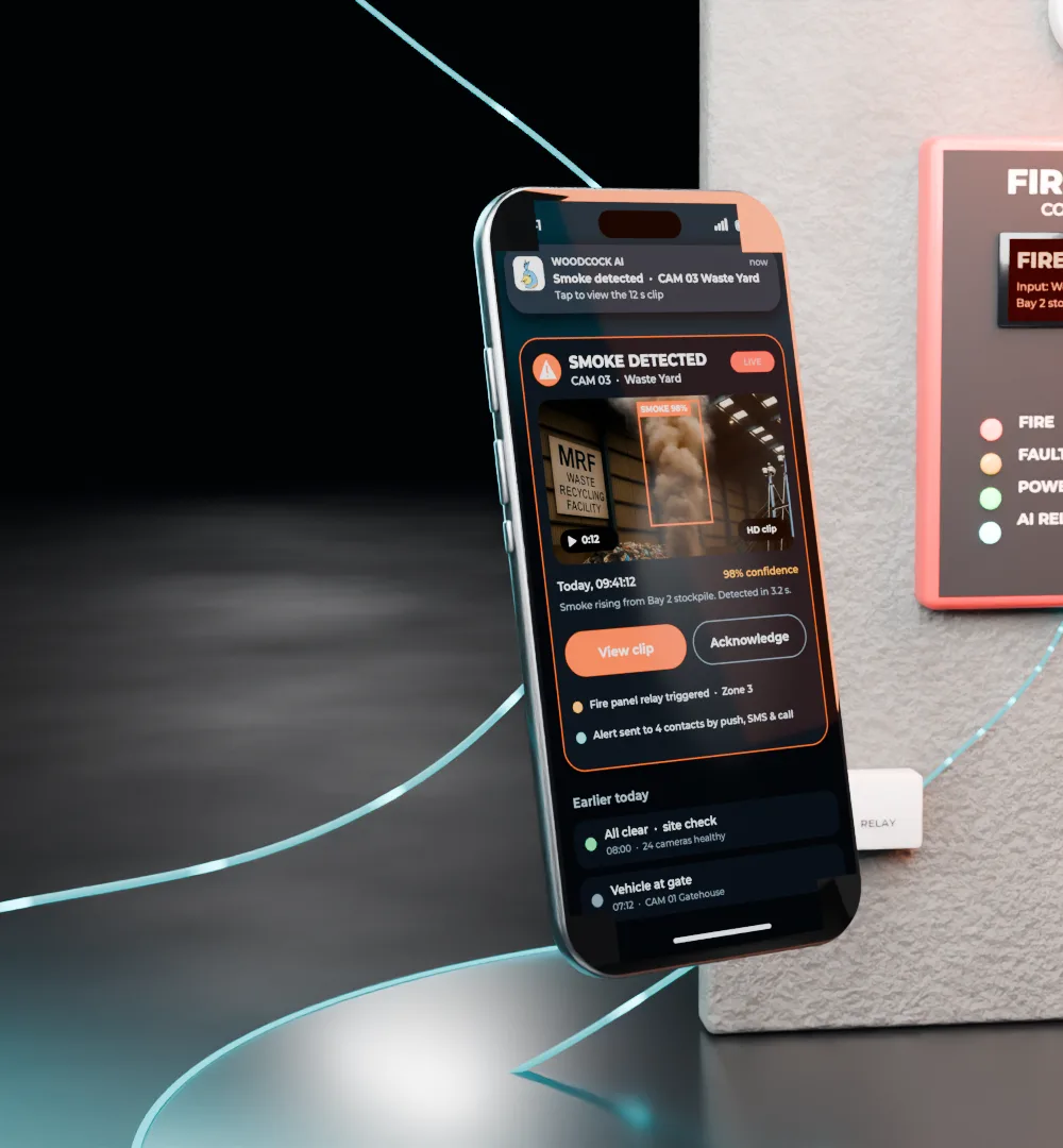 3D render of a phone showing a Woodcock AI smoke alert next to a fire alarm panel