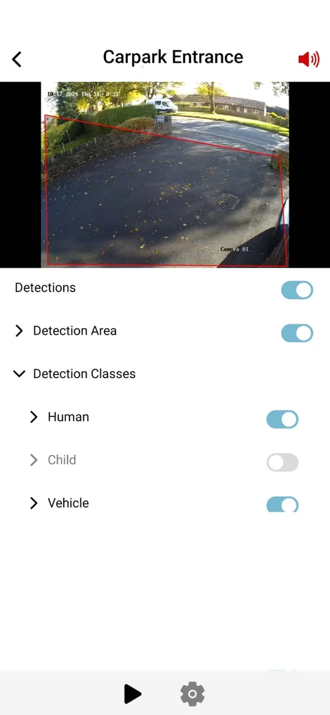 Android settings with a red detection area drawn over the car park and Human, Child and Vehicle detection classes