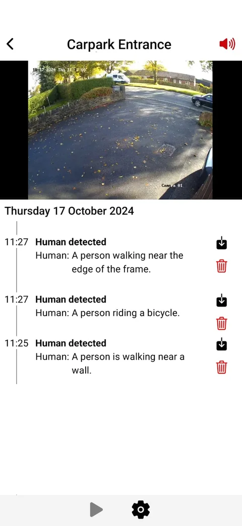 Android event feed for Carpark Entrance with snapshots, AI descriptions, and download and delete buttons