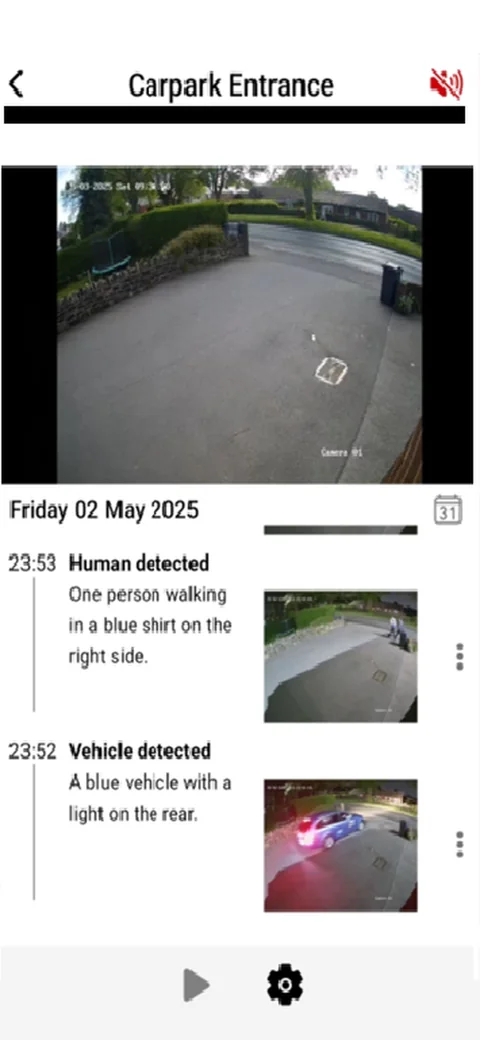 Carpark Entrance live view with a timeline: Human detected, one person walking in a blue shirt; Vehicle detected, a blue vehicle with a light on the rear