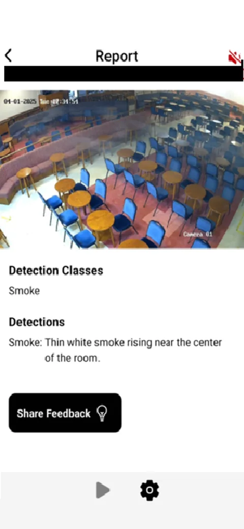 Event report with detection class Smoke: thin white smoke rising near the center of the room, and a Share Feedback button