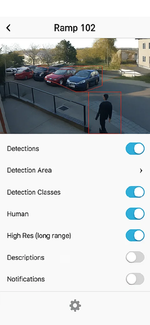 Camera settings for Ramp 102 with toggles for Detections, Human, High Res long range, Descriptions and Notifications