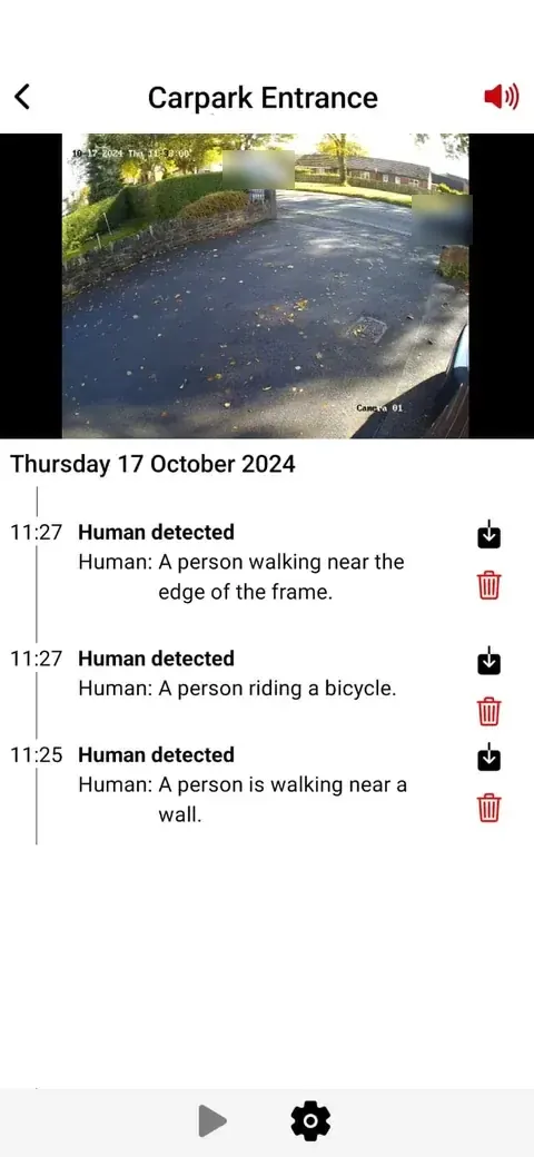 Screenshot of the Woodcock AI app showing a list of recent detection events, each with a thumbnail from the camera