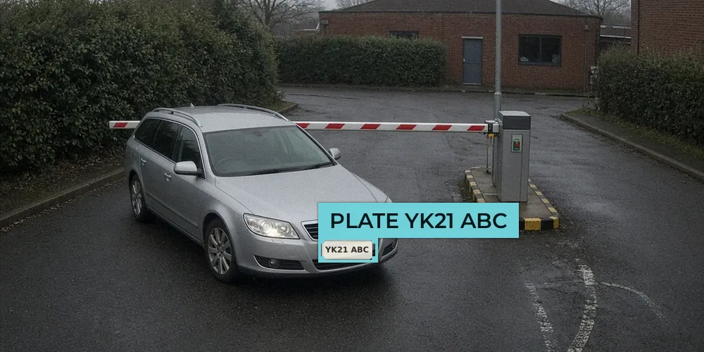 CCTV view of a silver estate car stopped at a red and white car park barrier with its front number plate visible
