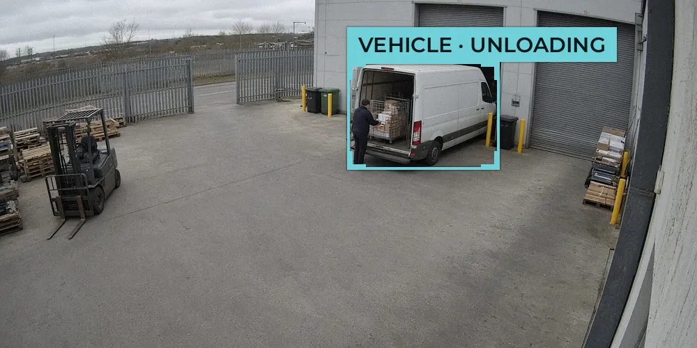 CCTV view of an industrial yard with a white van at loading bay 2 and the driver unloading a cage trolley