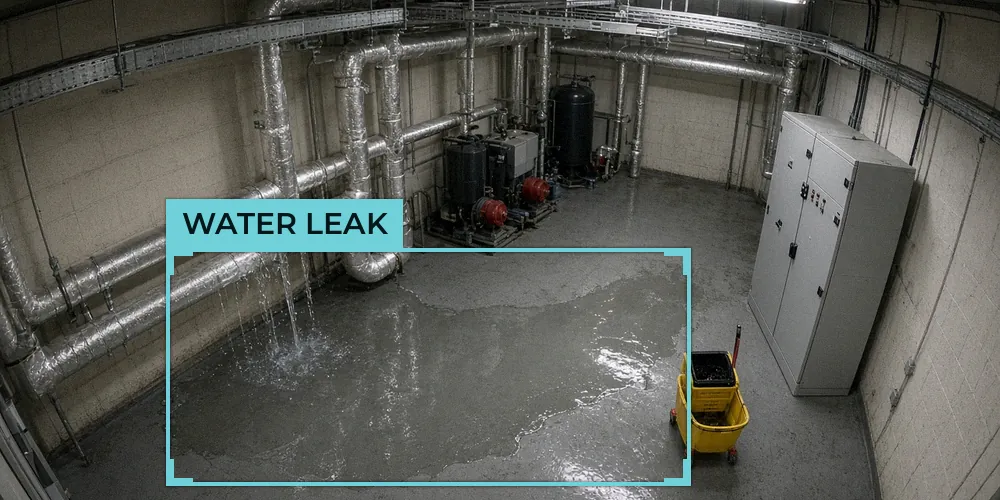 CCTV view of a plant room with water pouring from insulated pipework and a large puddle spreading across the floor