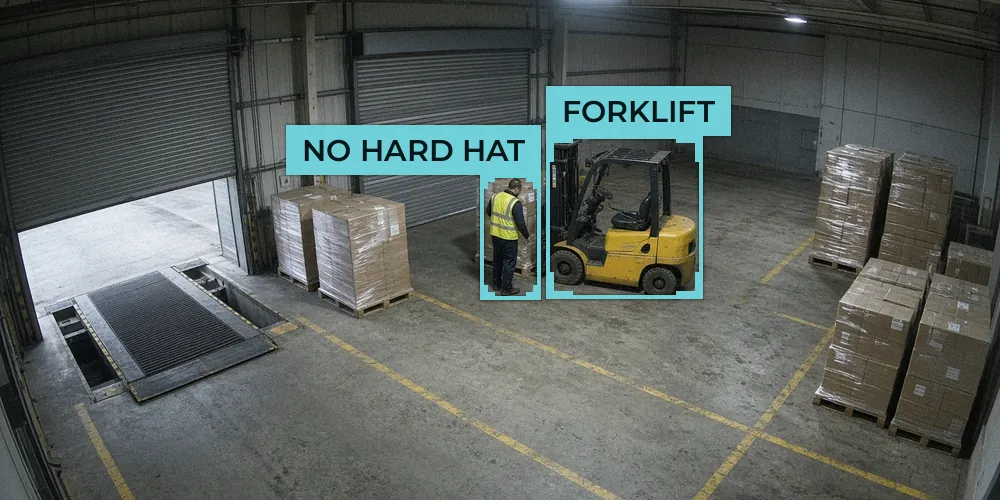 CCTV view of a warehouse loading bay with a worker in a hi-vis vest and no hard hat beside a yellow forklift
