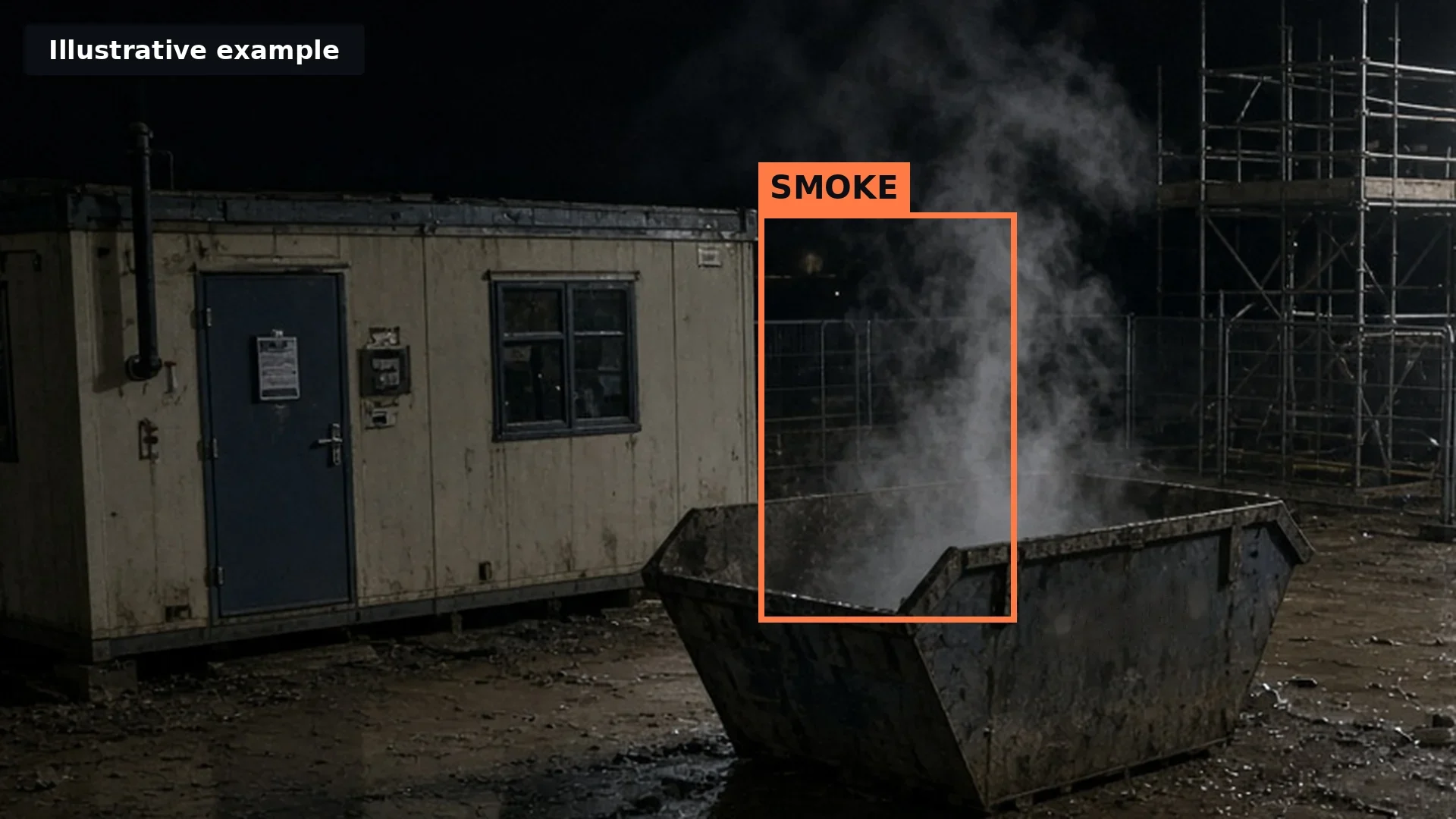 Illustrative photoreal night CCTV view of an empty construction site with smoke rising from a waste skip beside site cabins, boxed as smoke