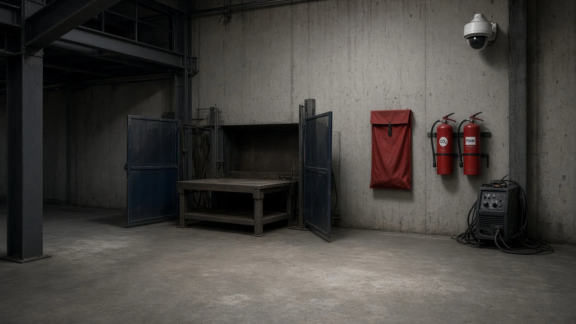 Illustrative example of an empty welding bay after the shift, with screens folded back, a fire blanket and two fire extinguishers on the wall and a CCTV camera above