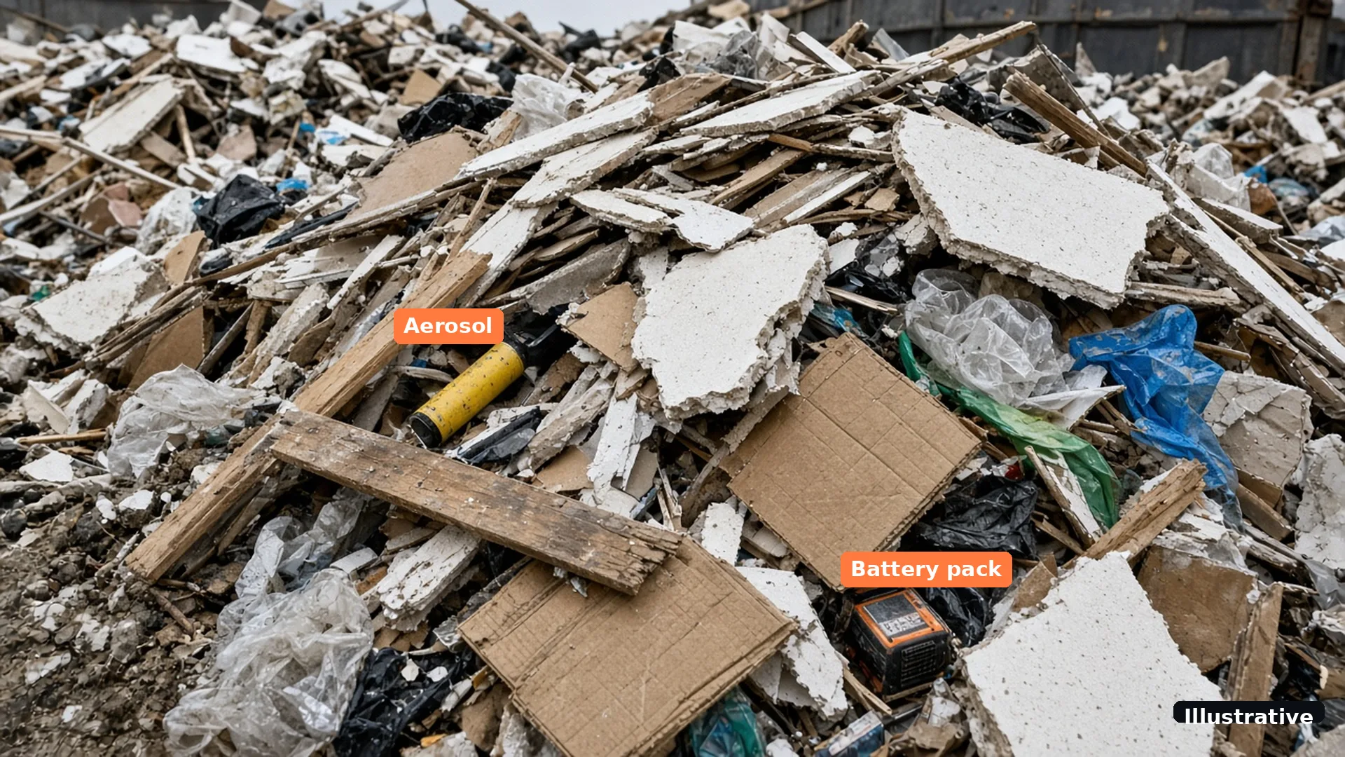 Illustrative photo-style image of a mixed waste stockpile at a skip yard with an aerosol can and a battery pack hidden among timber, plasterboard and plastic