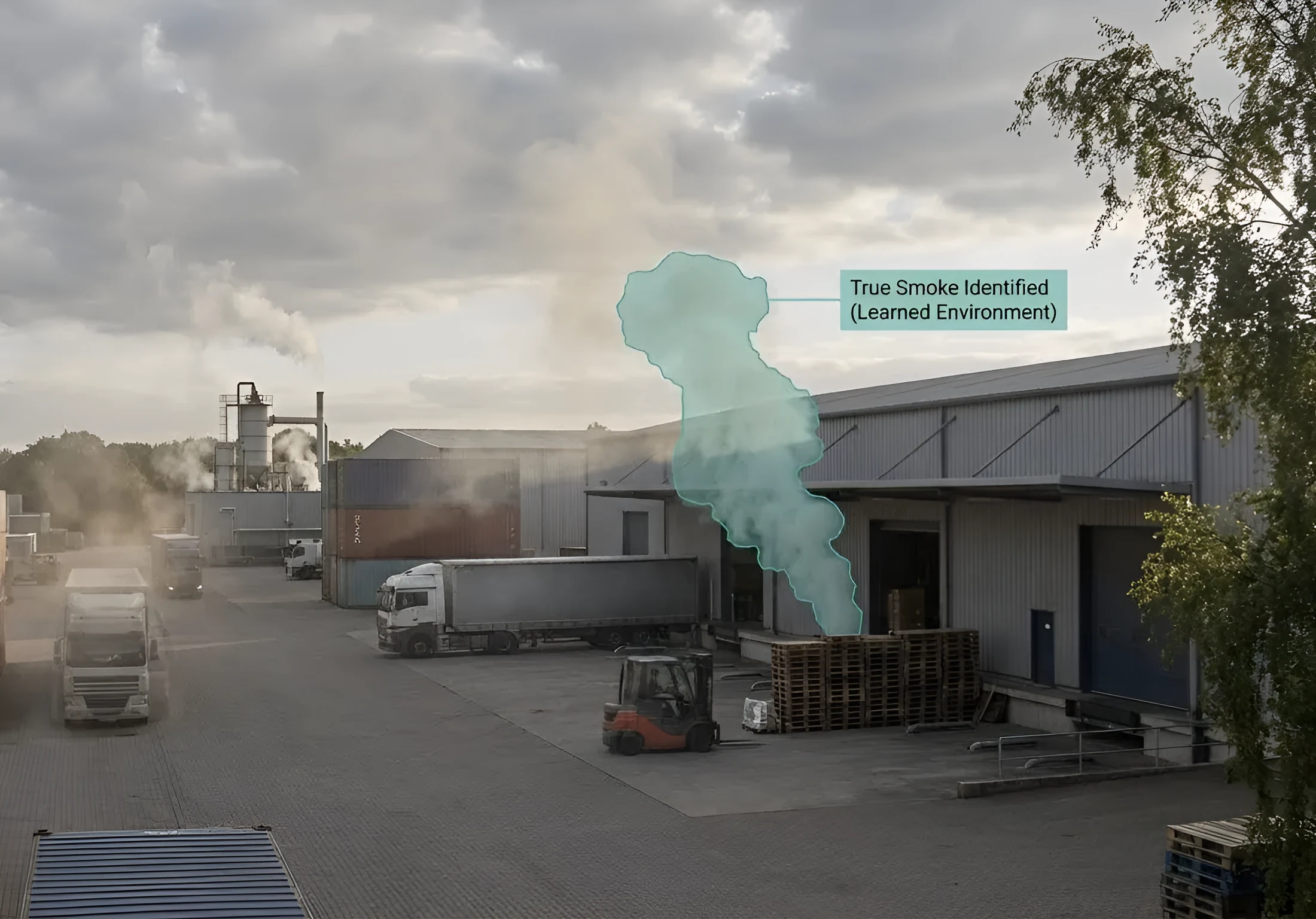 Illustrative image of an industrial yard with process steam and dust from lorries, where a plume of smoke by the loading bay is outlined as true smoke