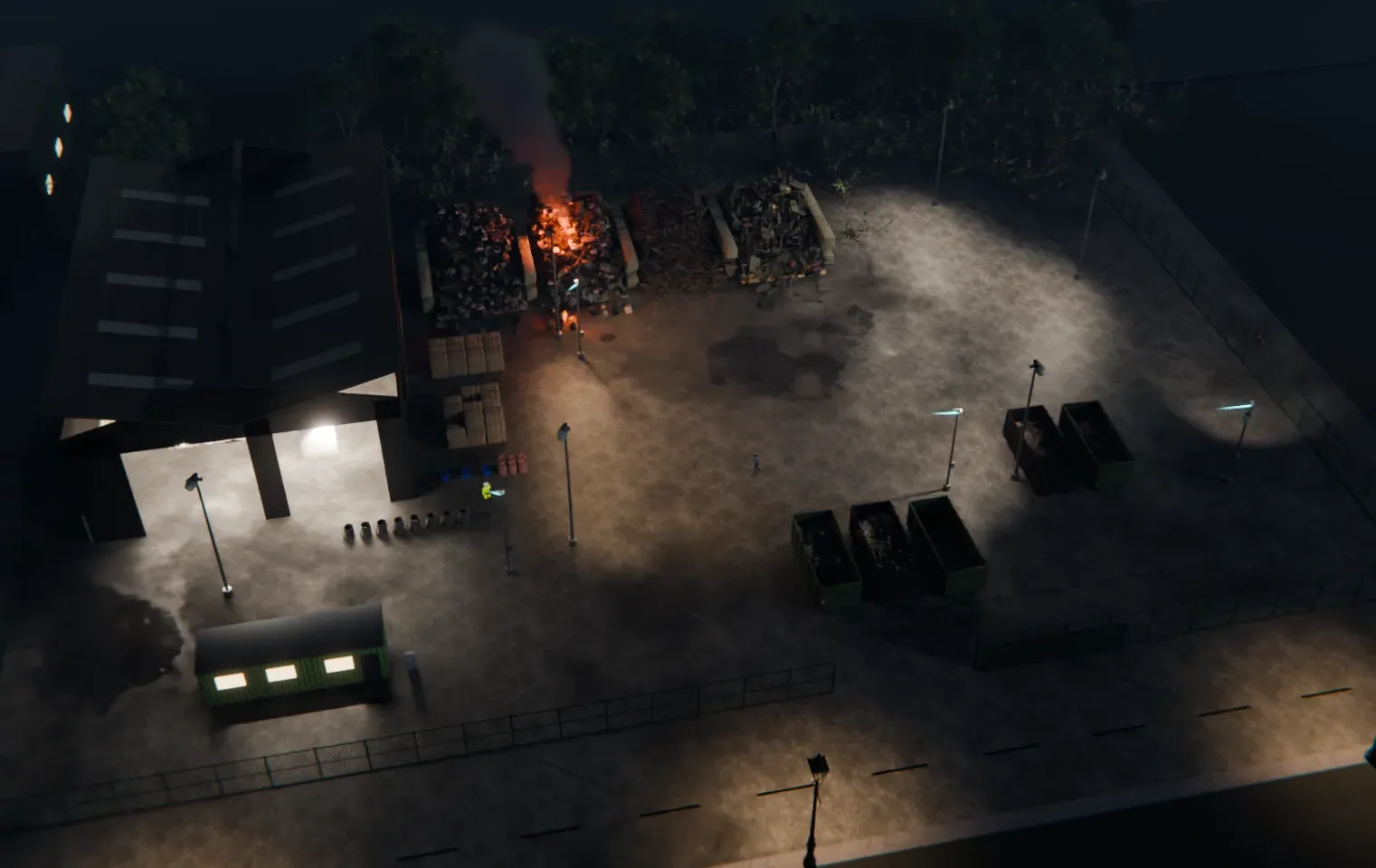 Illustrative 3D render of a waste site at night, with a tipping hall, stockpile bays, a bale store, skips, plant and a perimeter fence