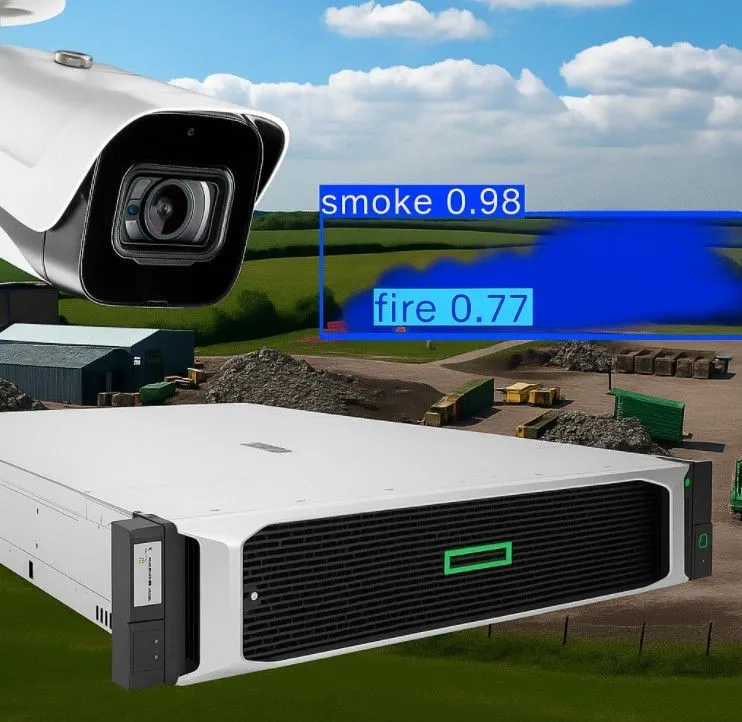 Woodcock AI edge server alongside a CCTV camera with smoke detection overlay