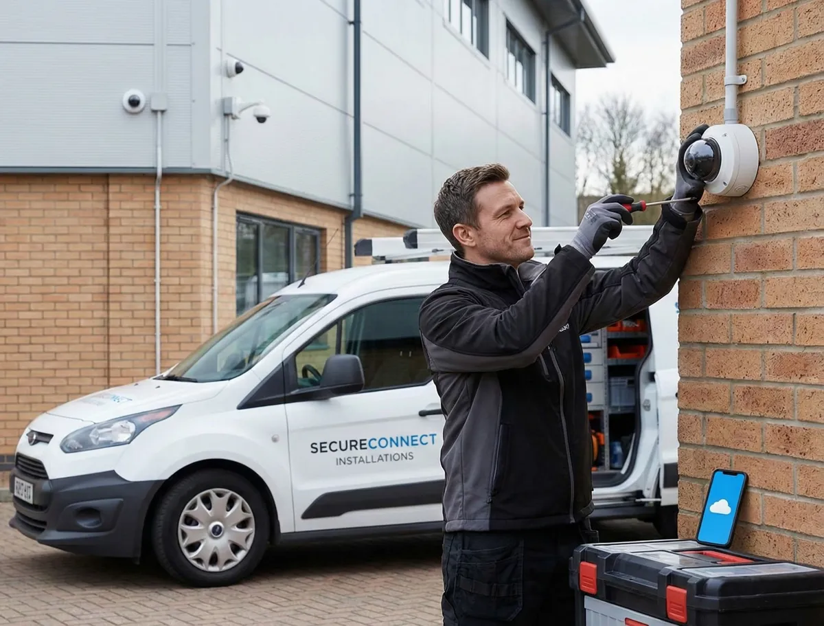 Installer fitting a CCTV camera next to a Woodcock AI van