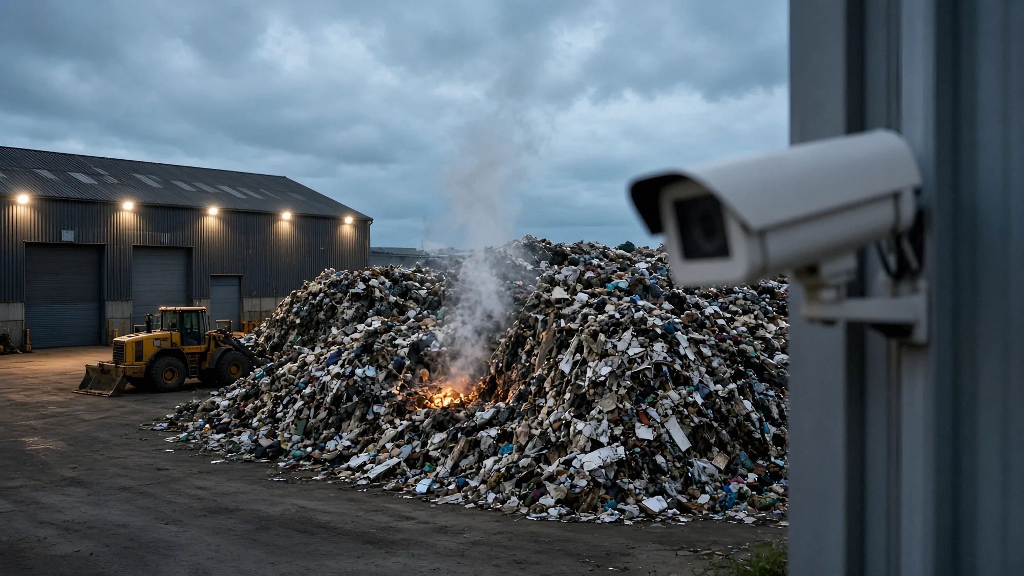 Smoke rising from a smouldering waste stockpile in a recycling yard at dusk, watched by a CCTV camera