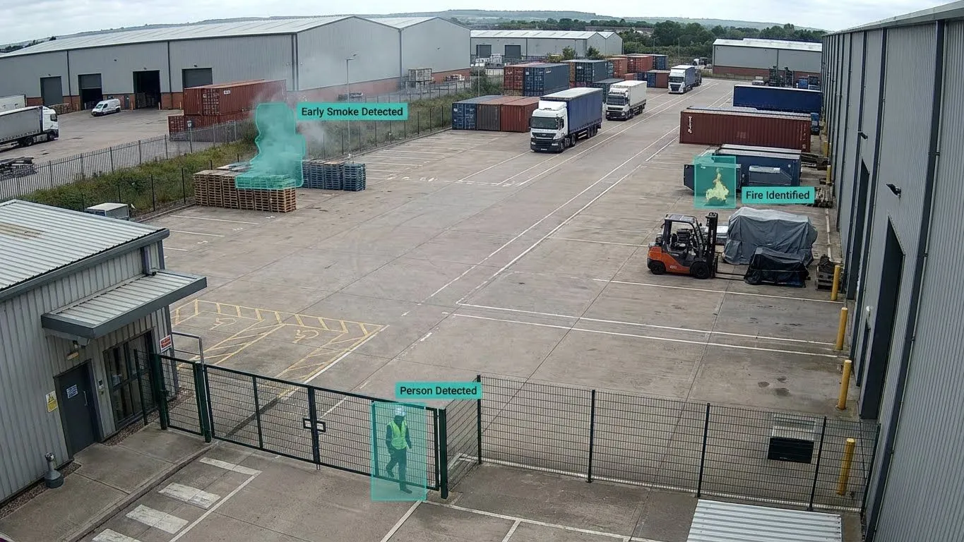 AI smoke detection overlay on a commercial yard
