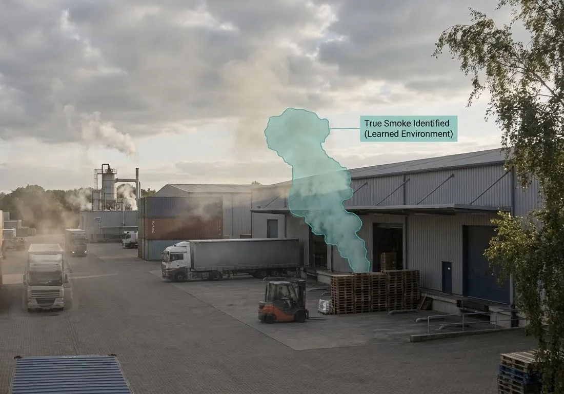 Self-learning CCTV detection overlay identifying smoke in a camera view