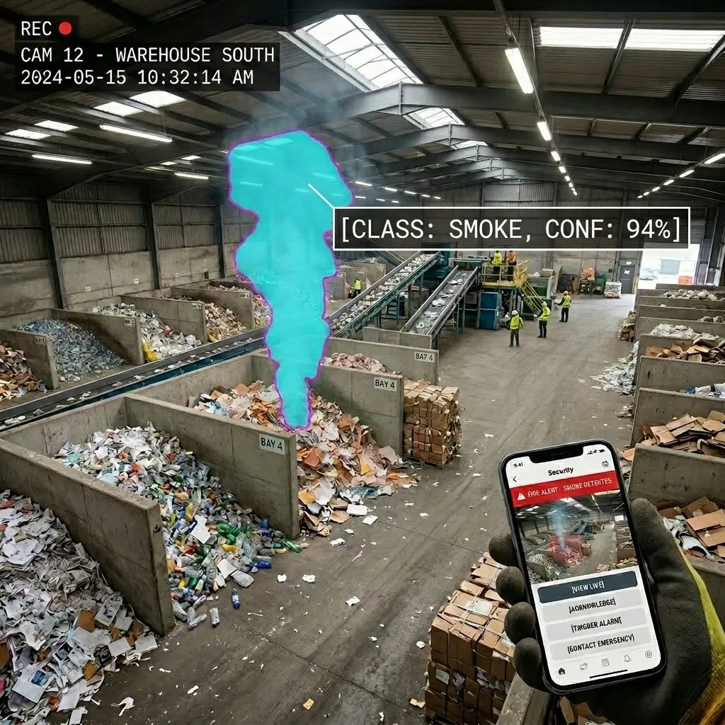 AI detection overlay showing smoke rising from a waste pile