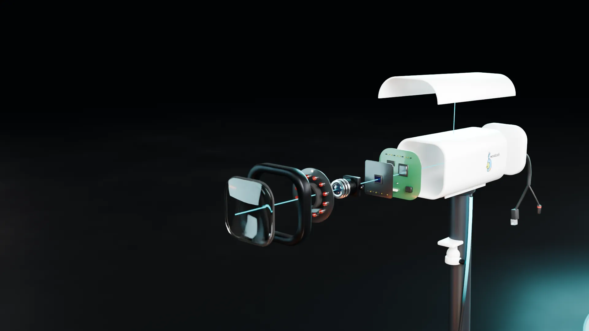 Exploded view of a CCTV camera feeding a recorder, the Woodcock AI edge server and cloud, a fire alarm panel and a phone alert